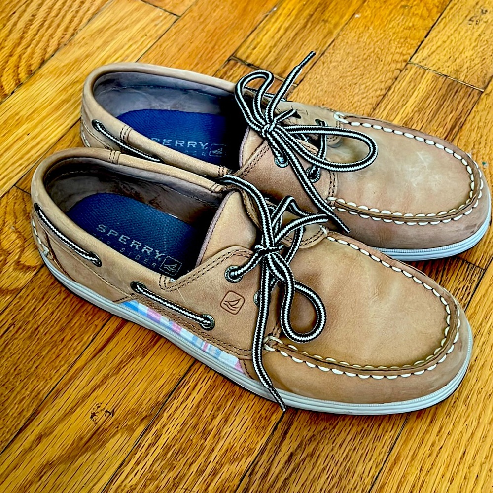 SPERRY Top Sider Womens Girls 5 M boat shows tan plaid pink blue